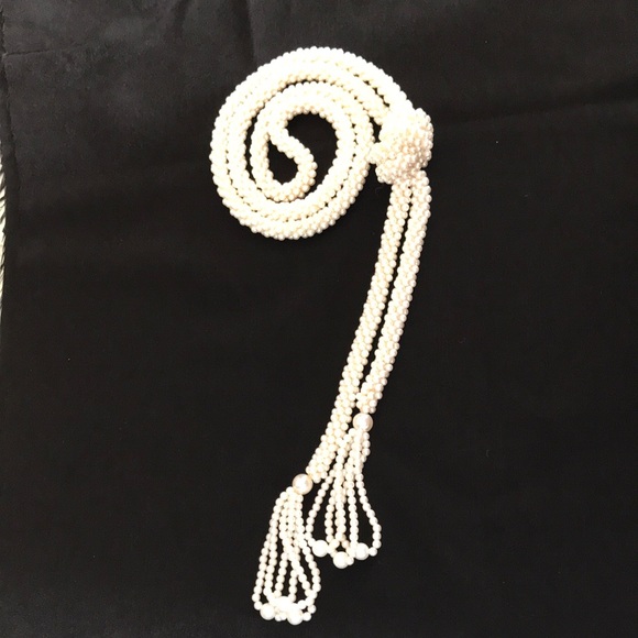 Vintage Faux Pearl Tassel Wrap / Cord / Lariat Necklace with Knot, Ivory - Picture 2 of 10